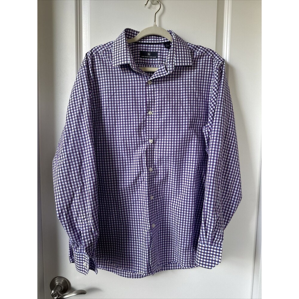 Hart Schaffner Marx Dress Shirt Mens Large Blue Purple Check Button Long Sleeve